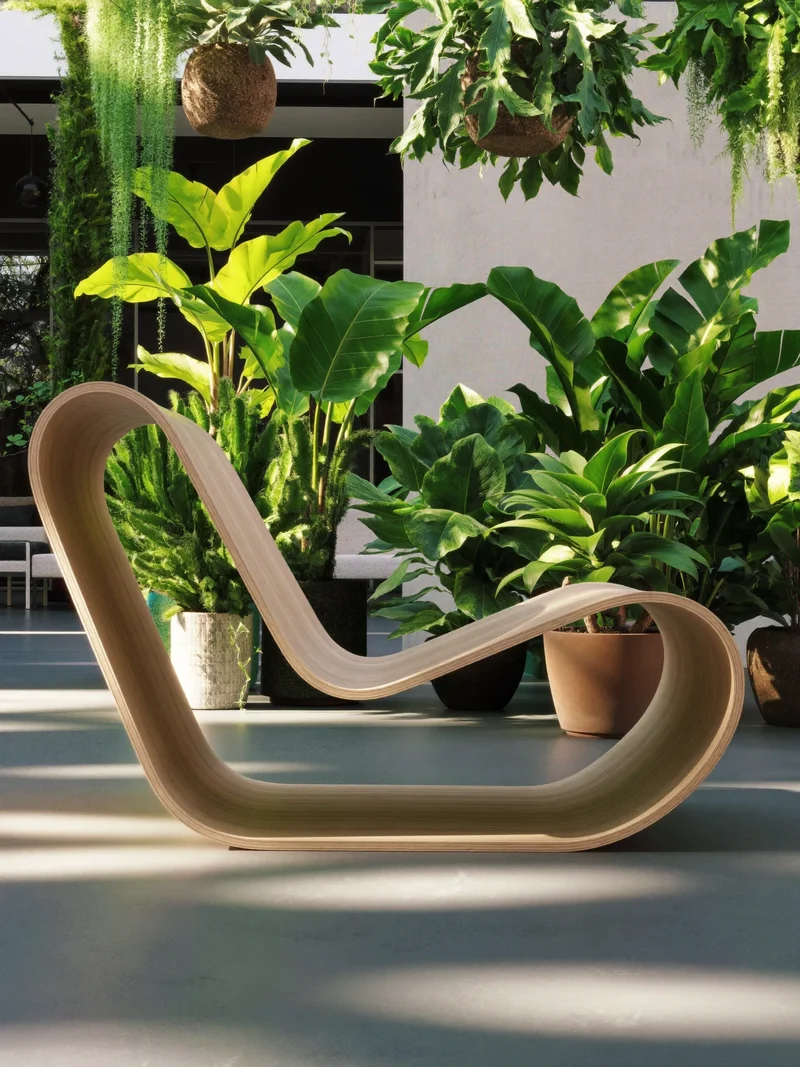Illustration: skulpturaler Lounge-Sessel aus Bugholz als fiktive Designstudie